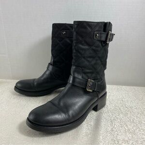 Aquatalia By Marvin Quilted Black Boots Size 7 Leather Ankle Motorcycle Buckle